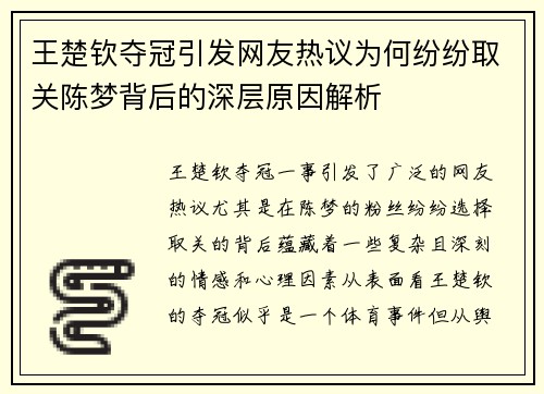 王楚钦夺冠引发网友热议为何纷纷取关陈梦背后的深层原因解析